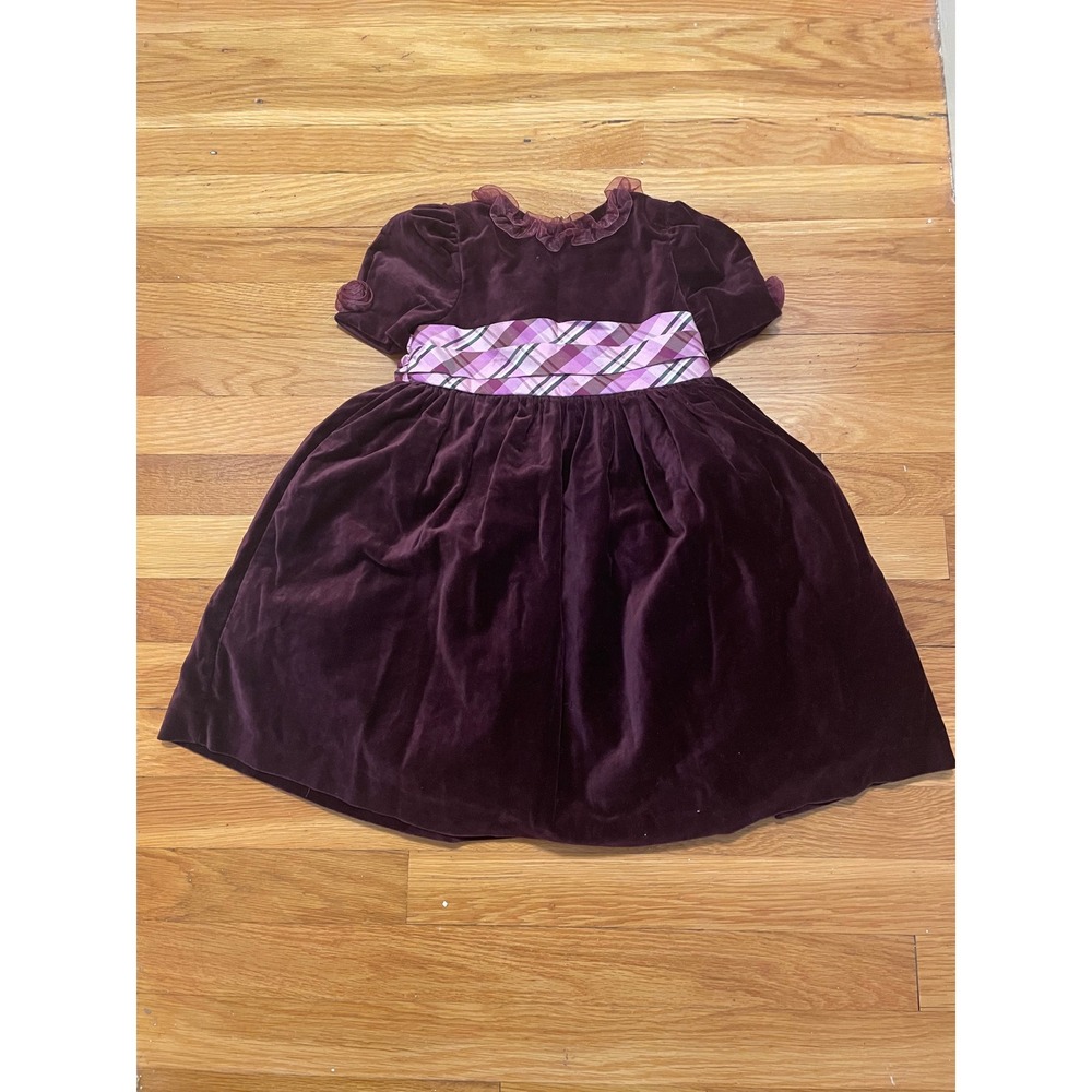 Laura Ashley 2T Cotton Velvet Party Dress Burgundy Plaid‎ Bow Ruffle Collar